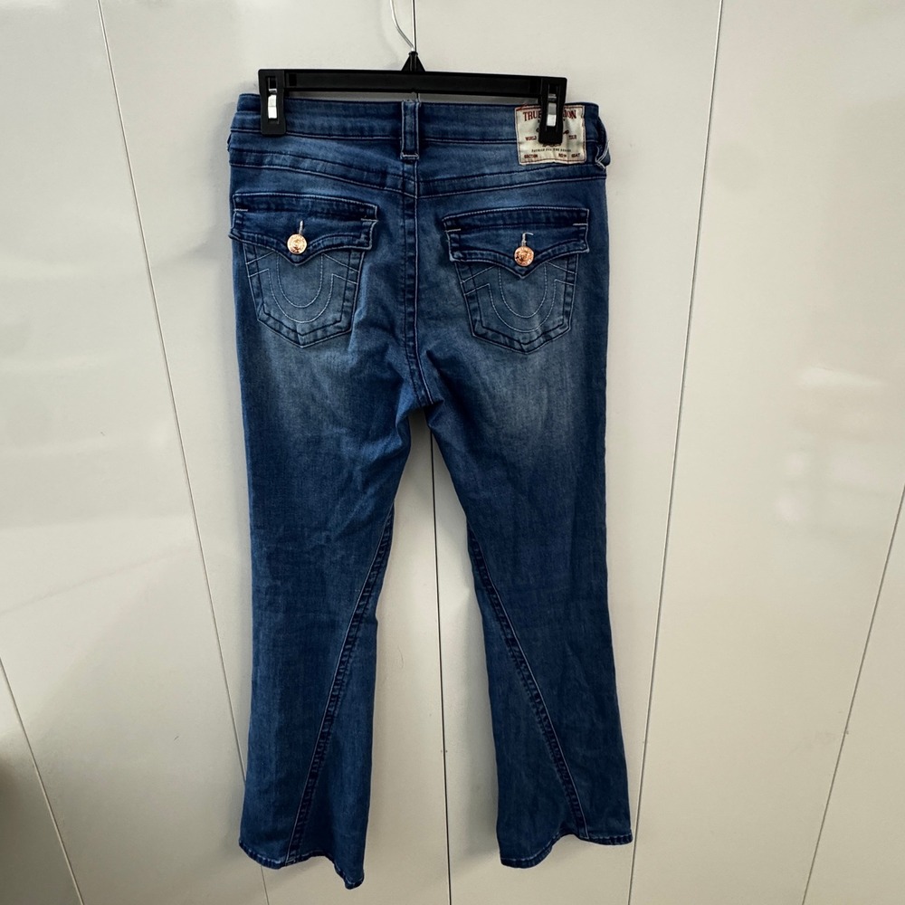 True Religion Joey Mid Rise Flare Jeans Blue Wash Size 28 Rose Gold Hardware
